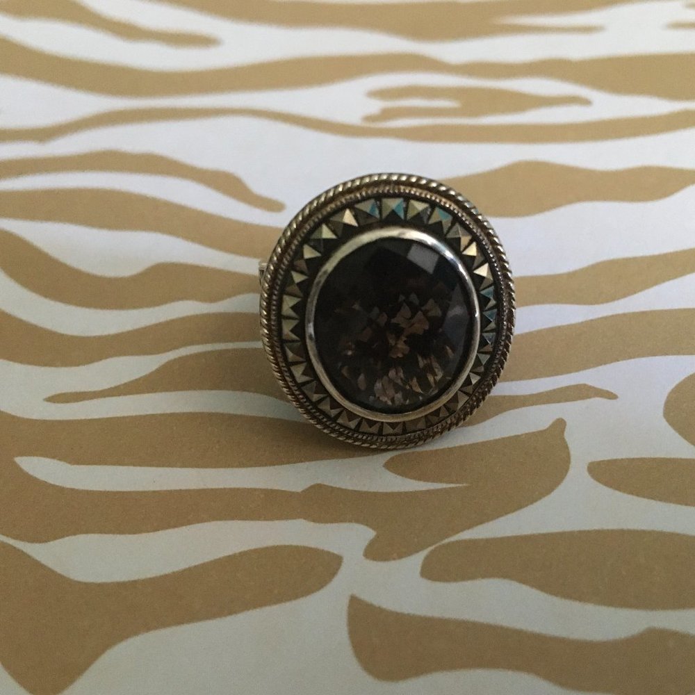 DESIGNER TJM STERLING SILVER MARCASITE AND SMOKY QUARTZ RING